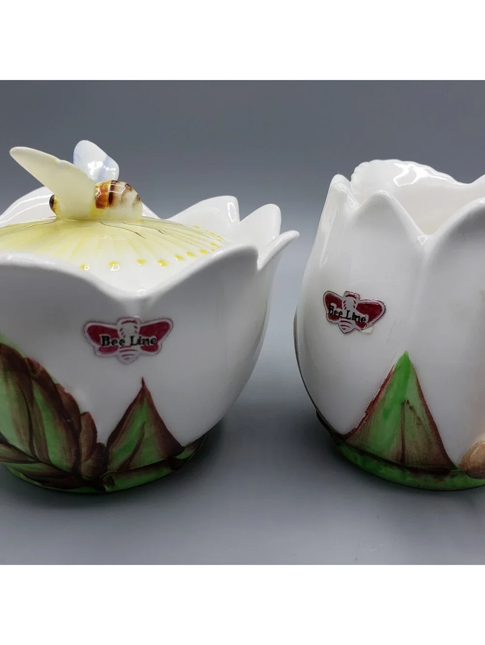Vintage Lefton Bee Line Creamer & Sugar Set Bumble Bee Ceramic #1291 Japan